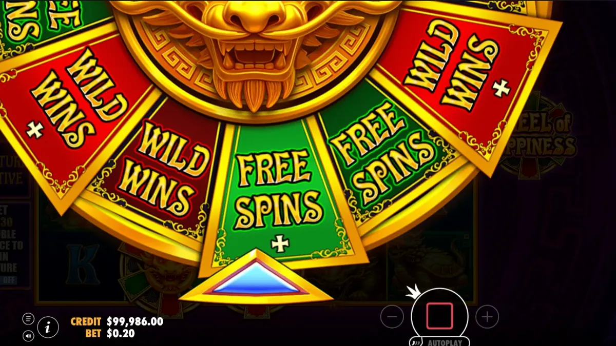 Wheel of Happiness slot dengan tema naga emas dan elemen Oriental