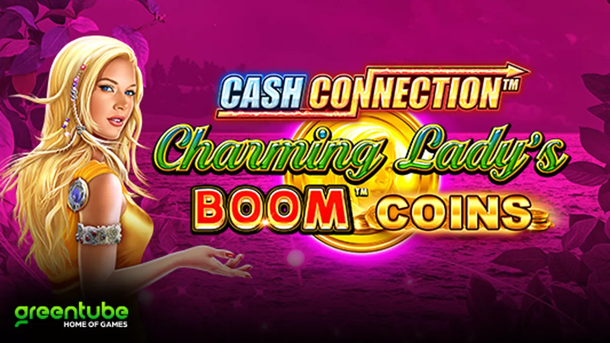 The game interface of Cash Connection Charming Lady’s Boom Coins showing the reels and coin symbols.