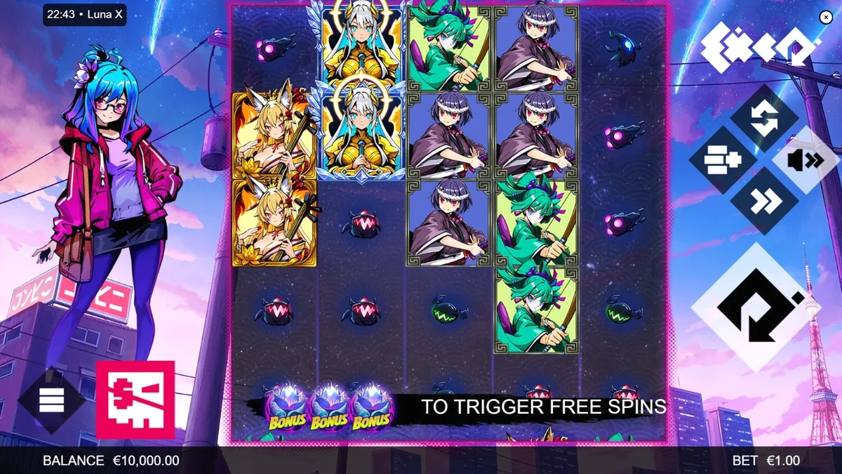 Tampilan visual futuristik dari slot Luna X dengan elemen neon dan karakter anime.